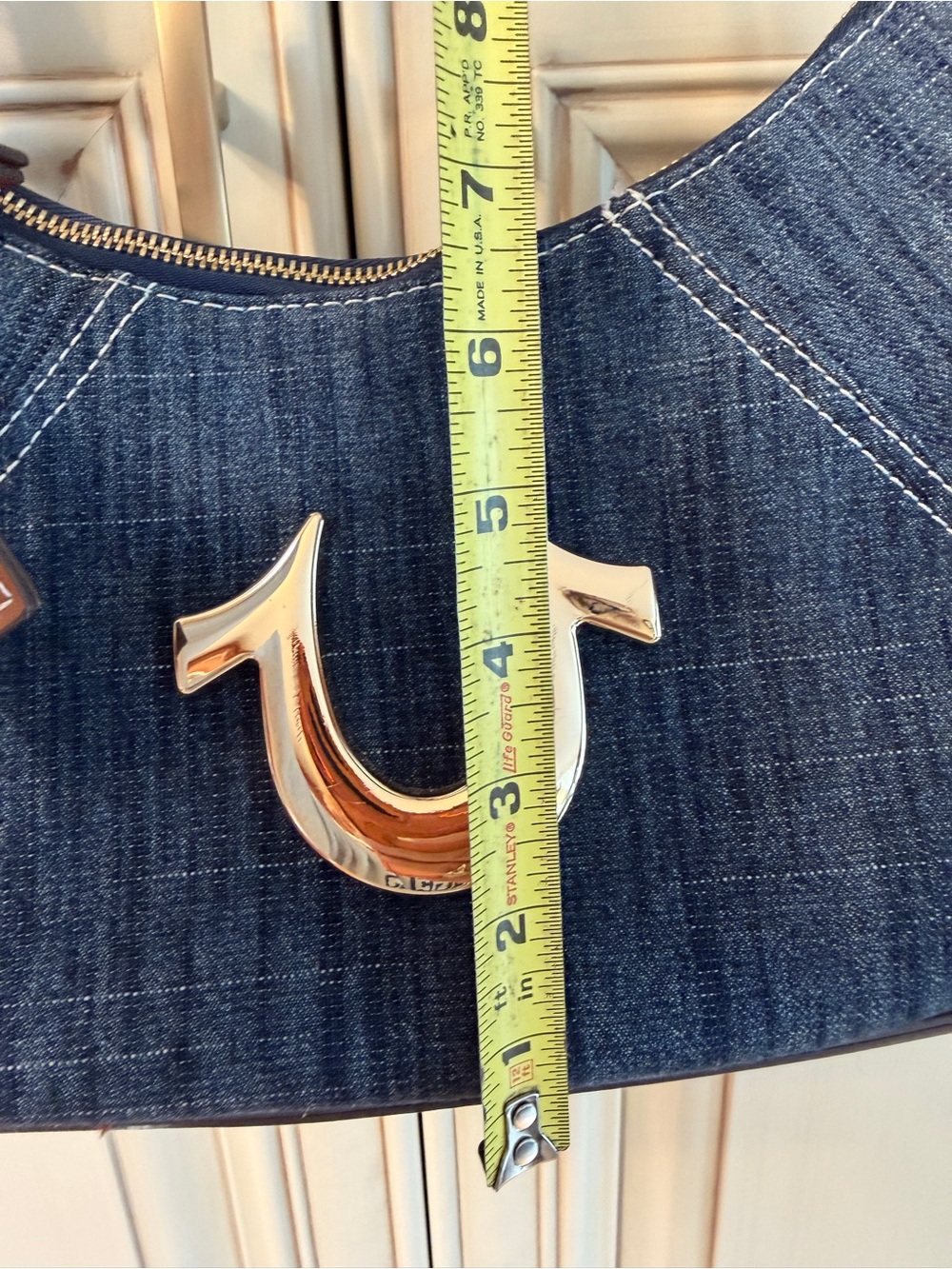 True Religion Dark Blue Denim Hobo with Brown Trim and Gold Logo - Picture 11 of 11